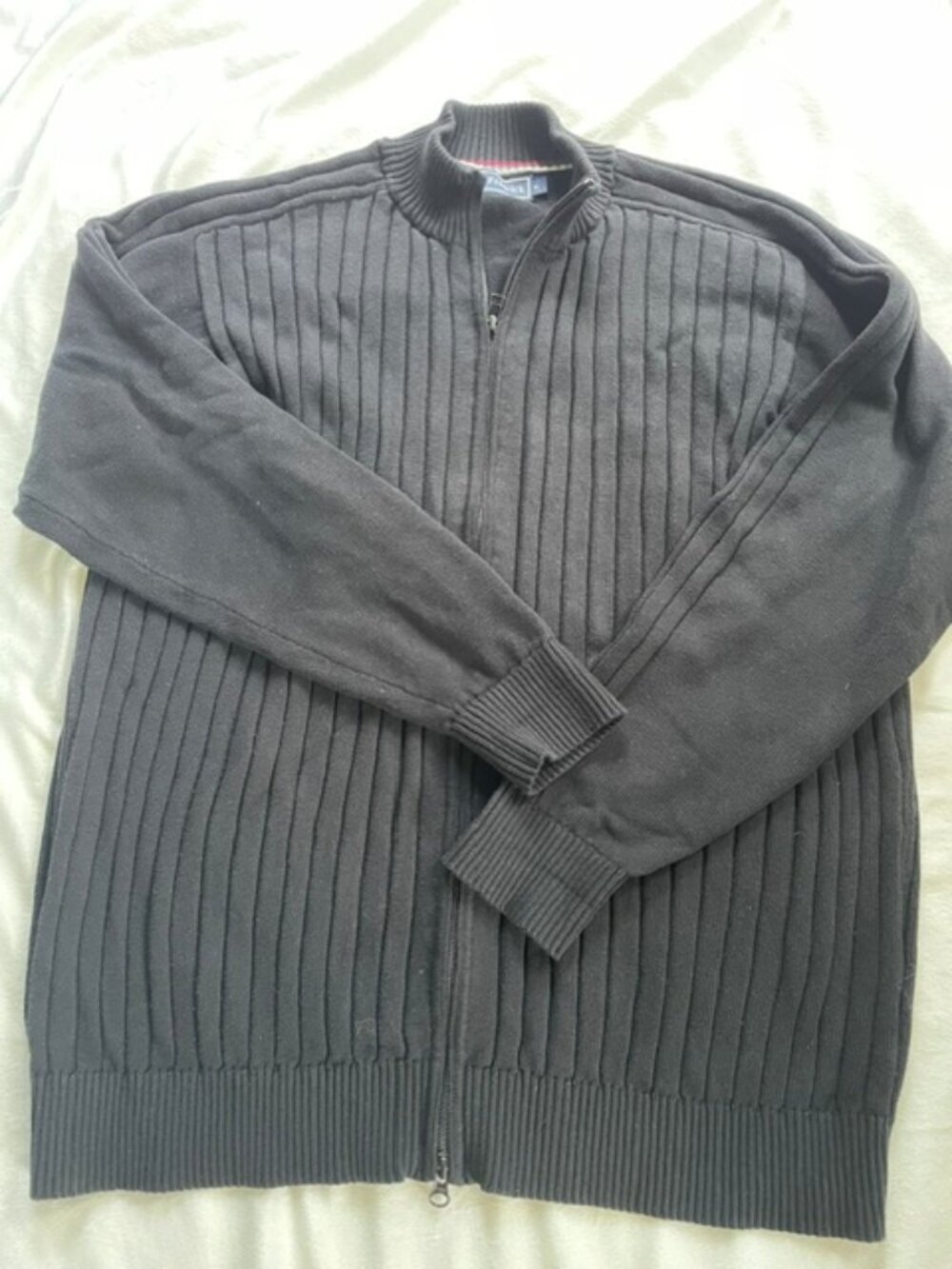 Paul Fredrick Men’s 100% Cotton Full Zip Ribbed Sweater, Black, Size XL